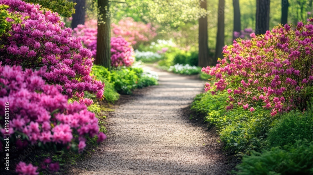 A scenic path through vibrant azalea blooms in a lush countryside forest during springtime daylight