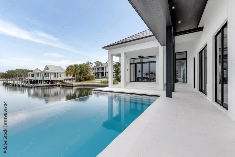 Fototapeta premium coastal mansion, upscale waterfront home with private dock boathouse, blending modern design with tranquil coastal living