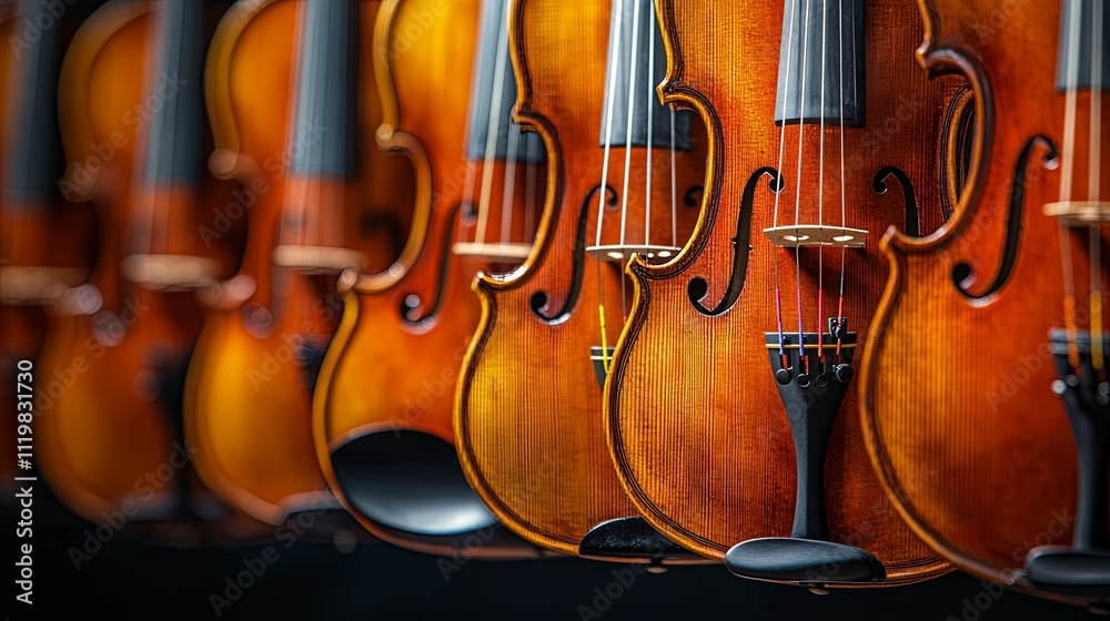 Naklejka premium A Row Of Polished Violins Ready To Play