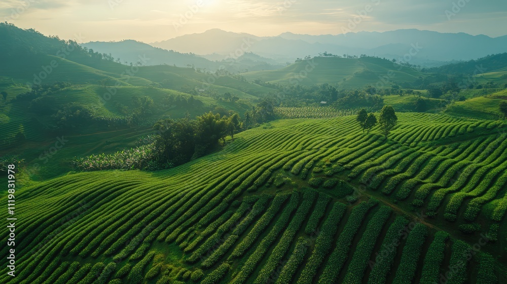 Fototapeta premium Aerial view of verdant agricultural fields with lush vegetation and serene rural landscape under a soft morning light