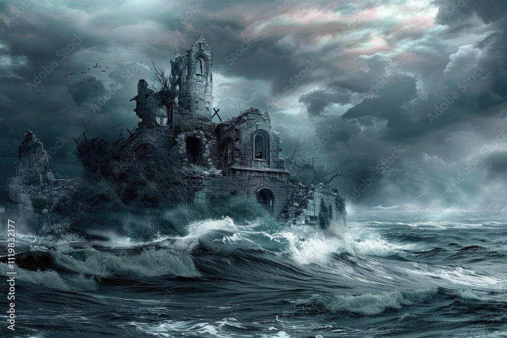 Fototapeta premium Ruined Stone Building on a Stormy Sea Island