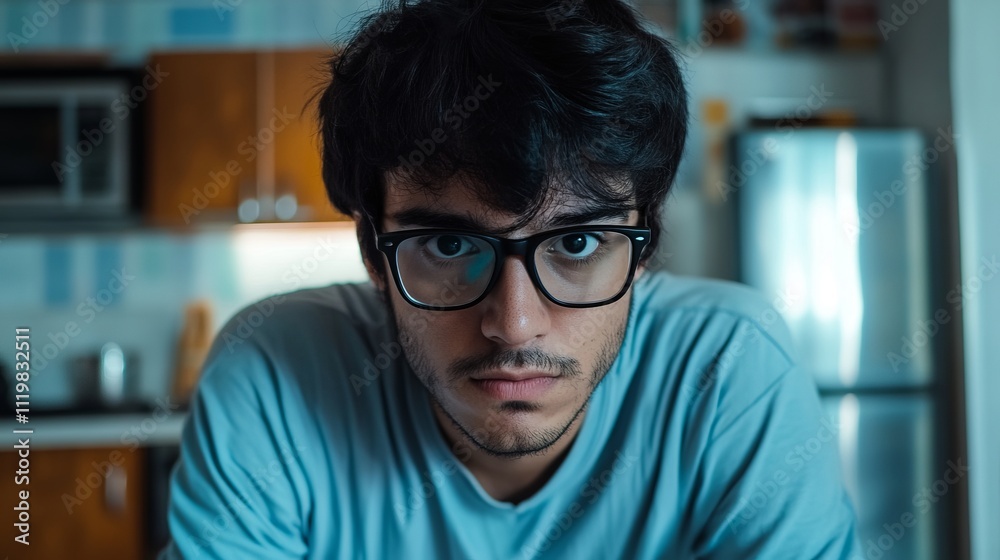 Close-up portrait of a man in a light blue shirt, intense expression, glasses and thoughtful gaze. Intriguing indoor shot captures a moment of introspection. Close-up portrait of a man in a light blue shirt, intense expression, glasses and thoughtful gaze. Intriguing indoor shot captures a moment of introspection.