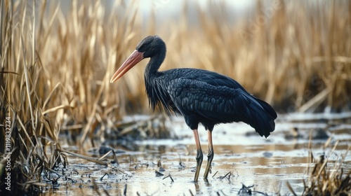 Black Stork Ciconia nigra juvenile foraging in wetland habitat of Danube River Rye Island Slovakia natural wildlife photography photo