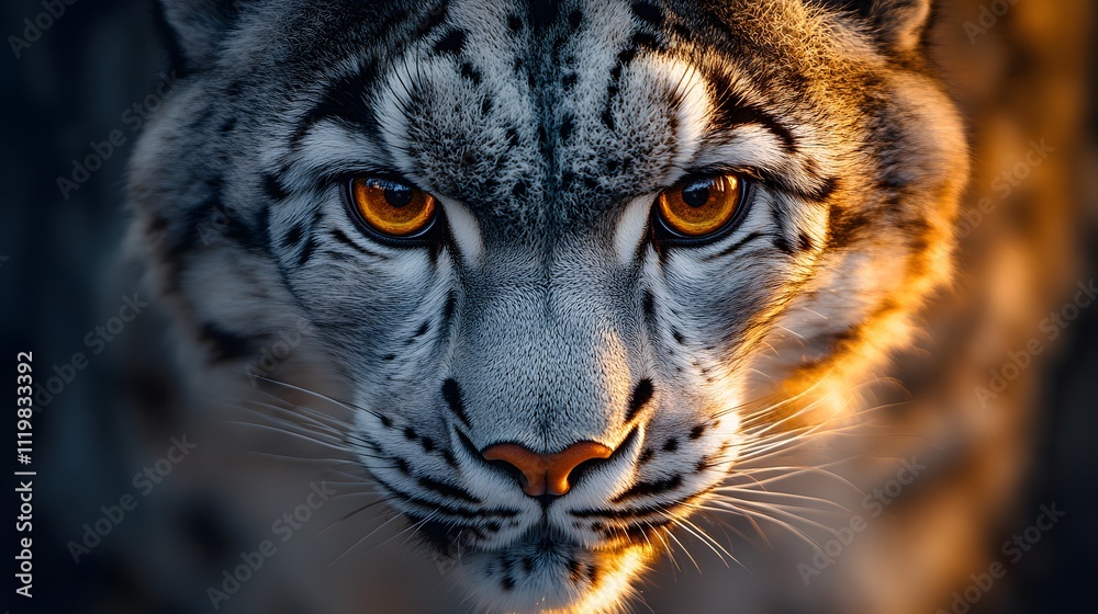 Obraz premium Wildlife portrait featuring extreme close-up of snow&nbsp;leopard with piercing amber eyes. Dramatic&nbsp;lighting highlights detailed fur texture and intense gaze in professional&nbsp;nature photography style.