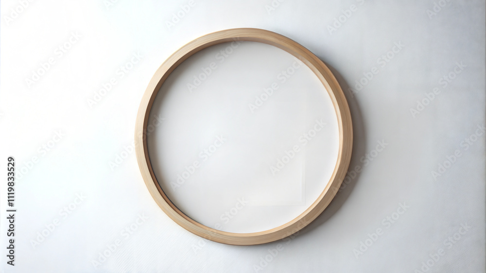 Minimalistic wooden hoop placed on a plain background, ideal for crafting or decoration Minimalistic wooden hoop placed on a plain background, ideal for crafting or decoration