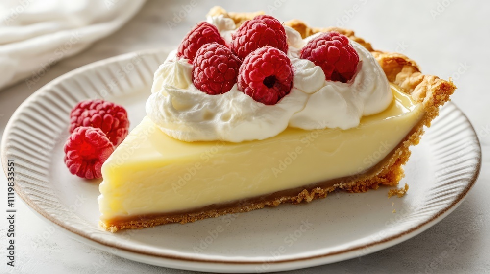 Delicious slice of creamy lemon pie topped with fresh raspberries and whipped cream on a decorative plate Delicious slice of creamy lemon pie topped with fresh raspberries and whipped cream on a decorative plate