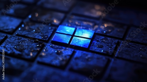 Windows 11 logo illuminated on a wet keyboard with blue lighting showcasing technology and modernity in a creative setting photo