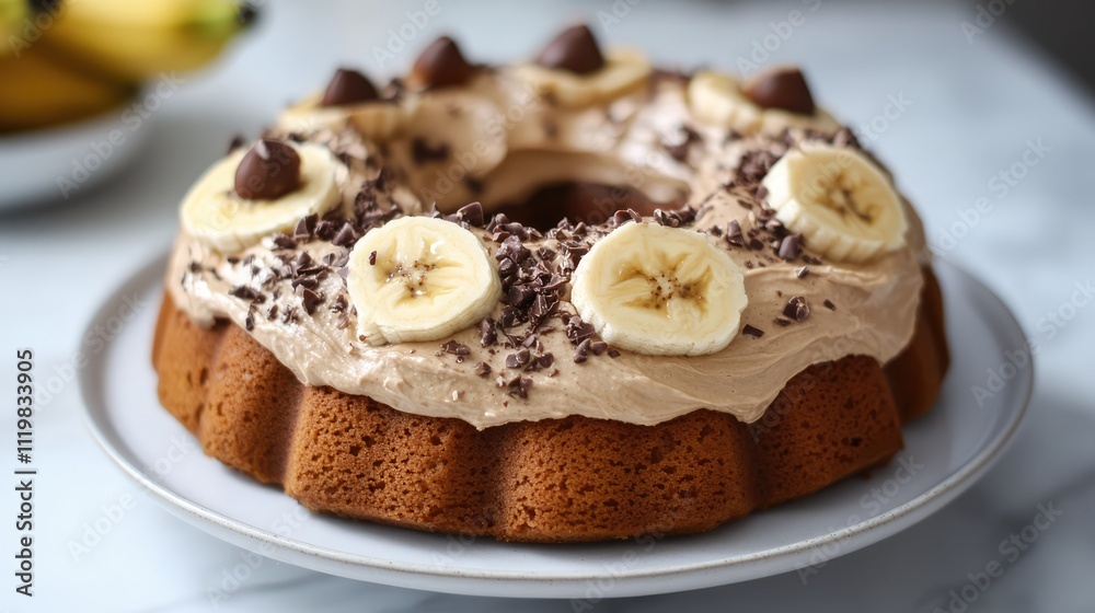 Banana bundt cake with hazelnut spread frosting and banana slices garnished with chocolate pieces on a light background Banana bundt cake with hazelnut spread frosting and banana slices garnished with chocolate pieces on a light background