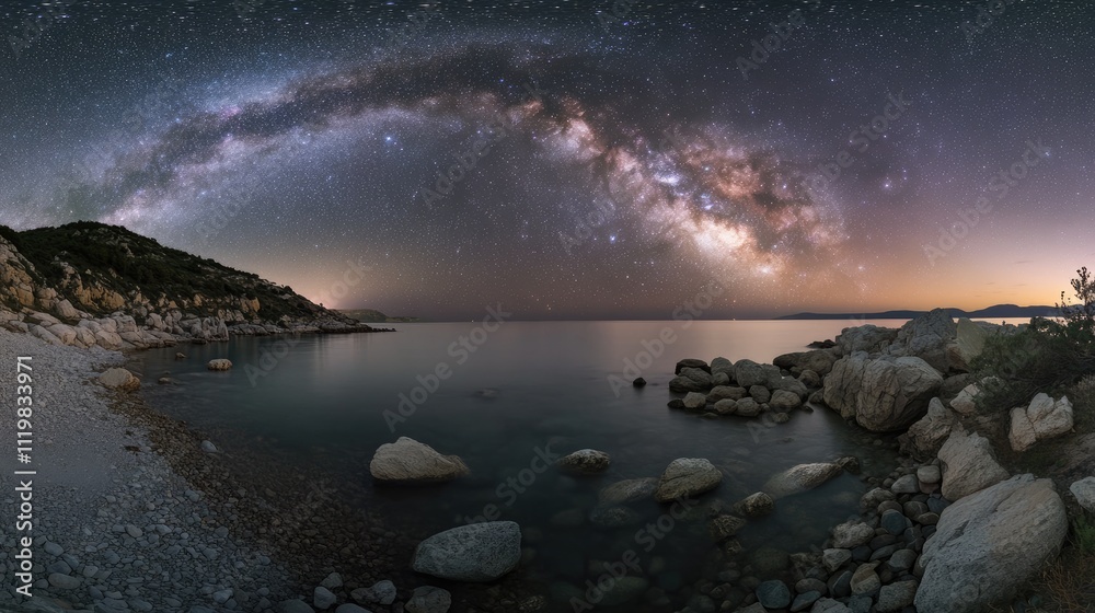 Night sky astrophotography showcasing the Milky Way over a serene sea landscape with rocky shoreline and calm waters under starry night. Night sky astrophotography showcasing the Milky Way over a serene sea landscape with rocky shoreline and calm waters under starry night.