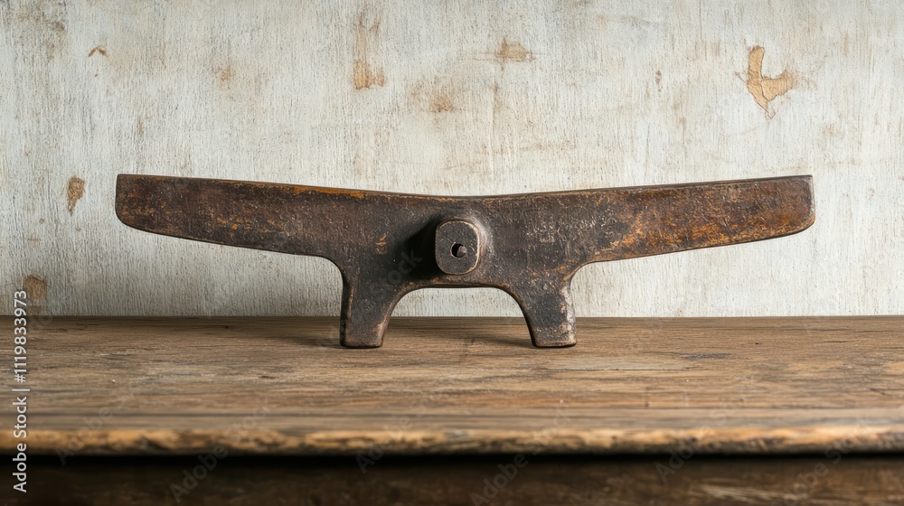 Antique woodworking plane resting on a rustic wooden desk with a traditional wood chisel in a vintage setting Antique woodworking plane resting on a rustic wooden desk with a traditional wood chisel in a vintage setting