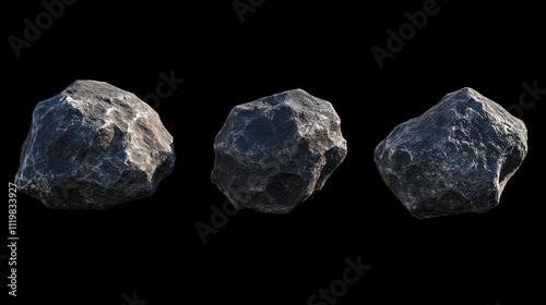 High resolution asteroids isolated on black background for seamless integration in design projects and creative applications photo