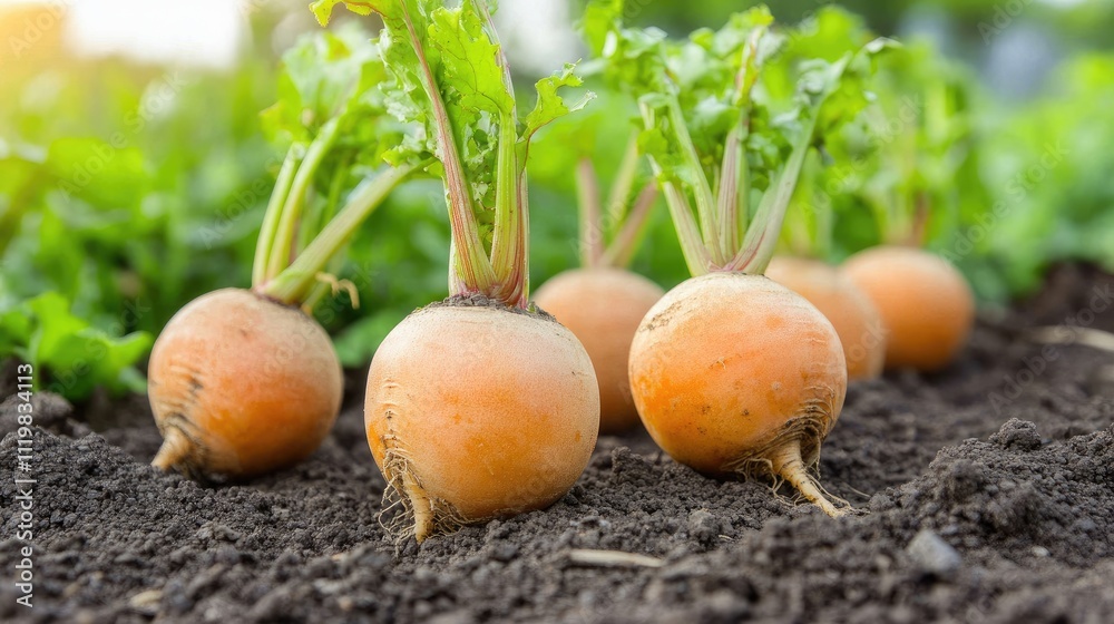 Organic beets with vibrant green foliage growing in rich soil under natural sunlight outdoors Organic beets with vibrant green foliage growing in rich soil under natural sunlight outdoors