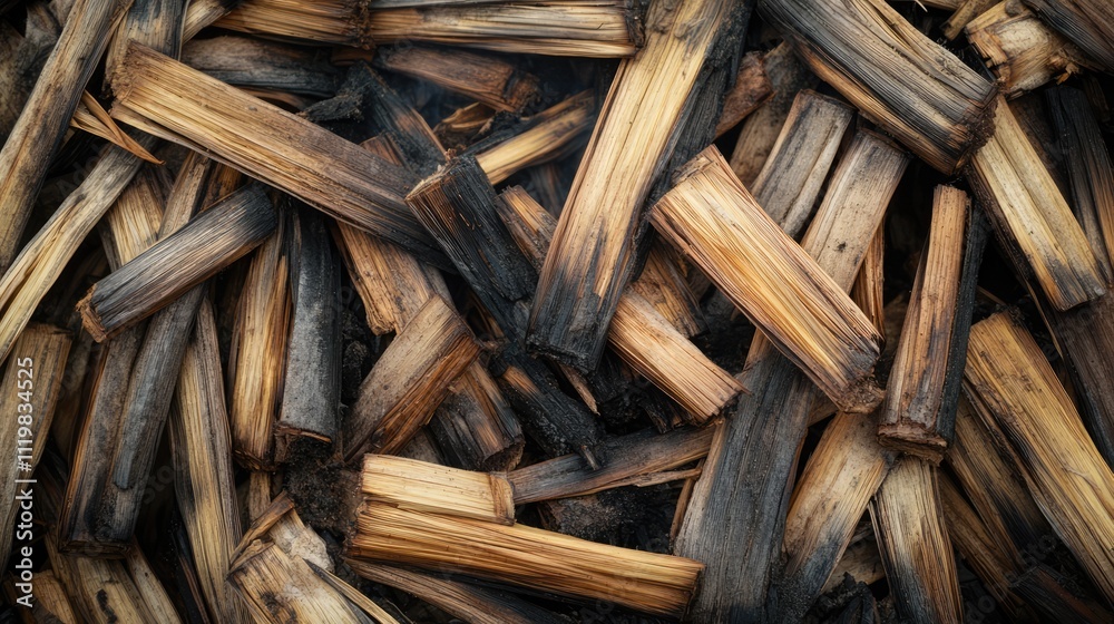 Ash remnants of burnt rice straw creating a textured background of charred wooden pieces useful for environmental or agricultural concepts. Ash remnants of burnt rice straw creating a textured background of charred wooden pieces useful for environmental or agricultural concepts.
