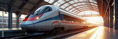 A modern high-speed train at a sleek station, illuminated by the warm glow of sunrise, symbolizing innovation and efficient transportation.