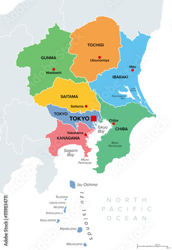 Kanto Region of Japan, colored political map. Geographical region of island Honshu, including Greater Tokyo Area, encompassing prefectures Gunma, Tochigi, Ibaraki, Saitama, Tokyo, Chiba and Kanagawa.