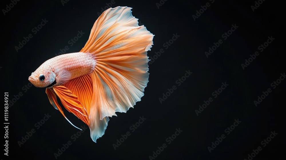 Fototapeta premium Halfmoon Betta splendens in vibrant colors gracefully swimming against a black background showcasing its flowing fins and elegance.