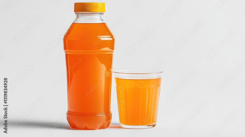 Refreshing apple juice in a plastic bottle alongside a clear glass presenting the vibrant beverage on a clean white background Refreshing apple juice in a plastic bottle alongside a clear glass presenting the vibrant beverage on a clean white background