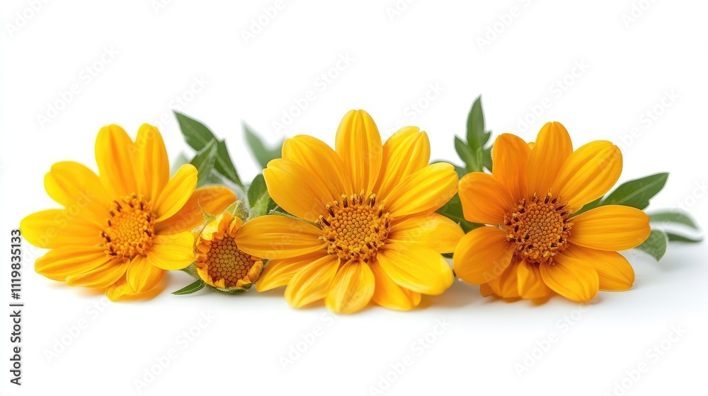Bright yellow flowers with green leaves arranged on a white background showcasing natural beauty and floral elegance in a minimalist style Bright yellow flowers with green leaves arranged on a white background showcasing natural beauty and floral elegance in a minimalist style
