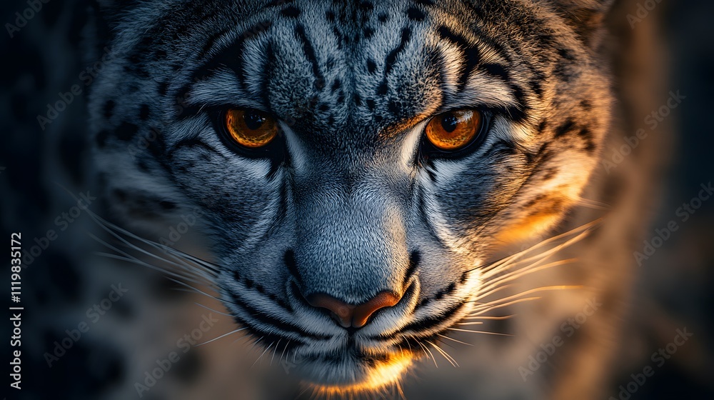 Obraz premium Wildlife portrait featuring extreme close-up of snow&nbsp;leopard with piercing amber eyes. Dramatic&nbsp;lighting highlights detailed fur texture and intense gaze in professional&nbsp;nature photography style.