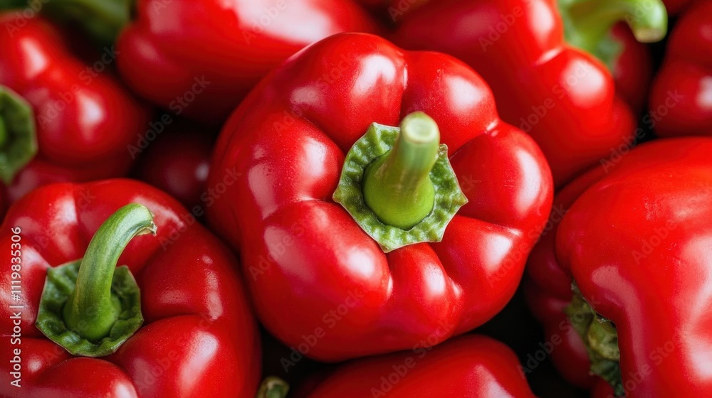 Fresh Red Bell Peppers with Green Stems on a Rustic Background Fresh Red Bell Peppers with Green Stems on a Rustic Background