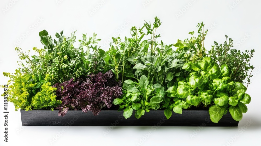 Fresh aromatic herbs arranged in a wooden planter showcasing a variety of green textures and colors on a clean white background. Fresh aromatic herbs arranged in a wooden planter showcasing a variety of green textures and colors on a clean white background.