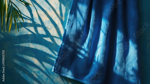 Vibrant blue towel draped against a sunlit backdrop with shadow patterns and tropical leaves creating a serene atmosphere of relaxation