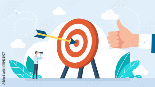 Arrow hit on center of target, the success business target. Strategic planning, plan to overcome difficulty or obstacle to reach goal or target, business success concept. Vector illustration