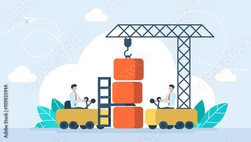 Businessmen on a forklift and construction crane are building a column. Growth diagram. Column chart. Business concept of progress, strategy. Vector illustration