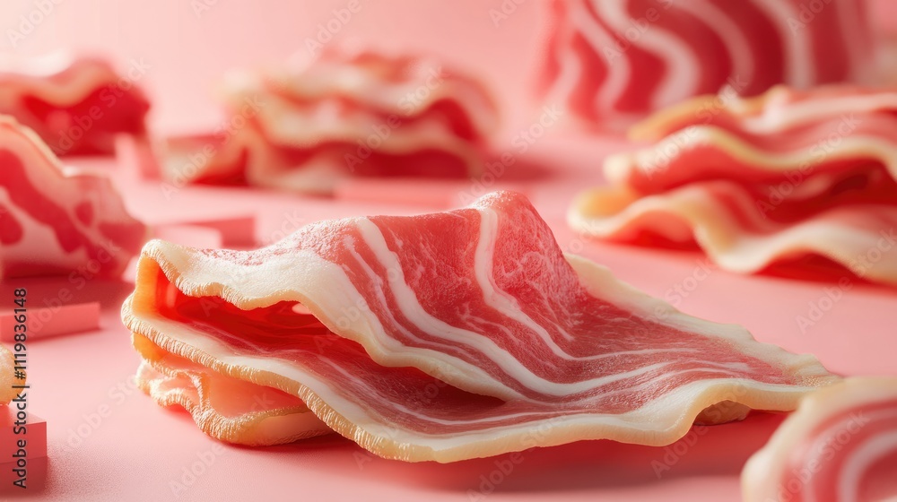 Fresh bacon slices with layered textures on a soft pink background ideal for food photography and culinary presentations. Fresh bacon slices with layered textures on a soft pink background ideal for food photography and culinary presentations.