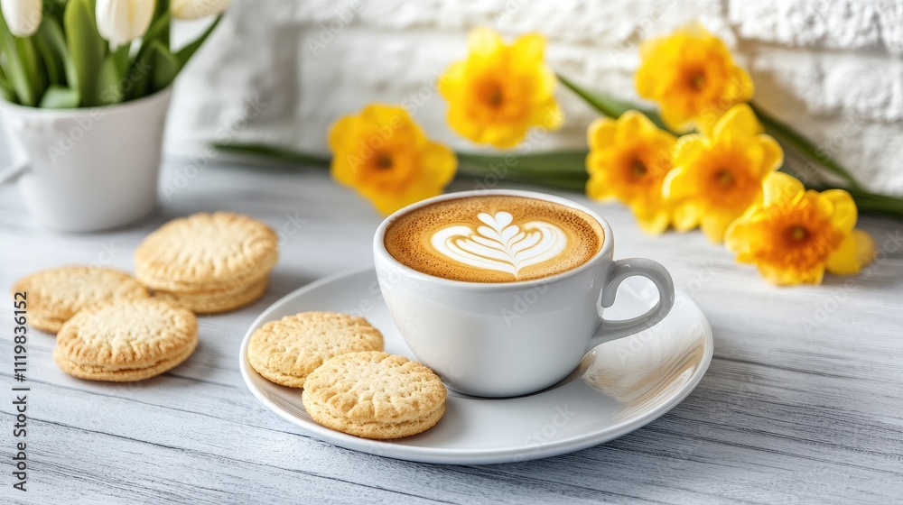 Spring flowers coffee cup biscuits on blue table with white brick wall Cozy breakfast scene perfect for hygge home interiors and relaxation Spring flowers coffee cup biscuits on blue table with white brick wall Cozy breakfast scene perfect for hygge home interiors and relaxation