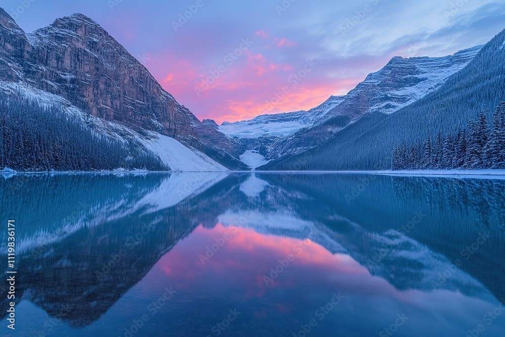Fototapeta premium peaceful alpine lake reflecting majestic snowy peaks under vibrant dawn sky