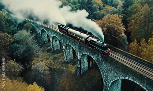 A steam train crosses a historic stone viaduct surrounded by lush greenery and mist. photo