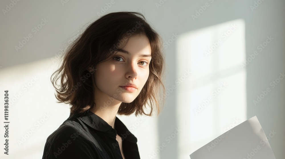 Young woman holding paper with soft natural light against a minimalist background showcasing beauty and calmness in a serene environment. Young woman holding paper with soft natural light against a minimalist background showcasing beauty and calmness in a serene environment.