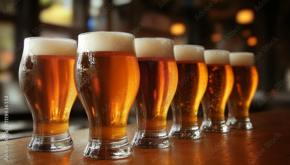 A Row of Fresh Draft Beer Glasses on a Bar Counter, Creating a Warm and Inviting Atmosphere A Row of Fresh Draft Beer Glasses on a Bar Counter, Creating a Warm and Inviting Atmosphere