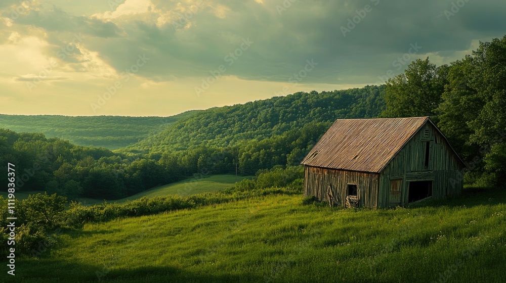 Rustic barn in a lush green meadow surrounded by vibrant forest hills under a dramatic sky at sunset. Rustic barn in a lush green meadow surrounded by vibrant forest hills under a dramatic sky at sunset.