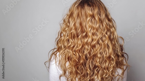 Blonde woman with long curly hair showcasing beauty and care products for healthy, shiny hairstyles on a neutral background