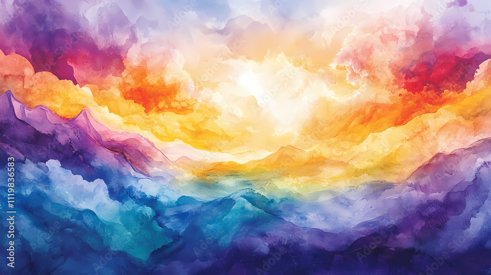 Vibrant abstract watercolor painting showcasing a mystical landscape with bold rainbow colors, ethereal mist, and a dramatic cloud explosion in a magical twilight setting. Twilight. Illustration Vibrant abstract watercolor painting showcasing a mystical landscape with bold rainbow colors, ethereal mist, and a dramatic cloud explosion in a magical twilight setting. Twilight. Illustration