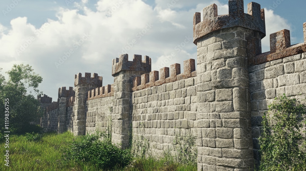 Naklejka premium Ancient medieval stone castle wall surrounded by greenery under a cloudy sky in a park setting