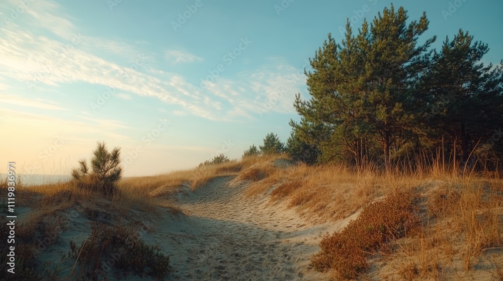 Baltic Sea shore with sand dunes and evergreen pine forest under clear sky during sunset panoramic nature scenery for eco tourism and hiking Baltic Sea shore with sand dunes and evergreen pine forest under clear sky during sunset panoramic nature scenery for eco tourism and hiking