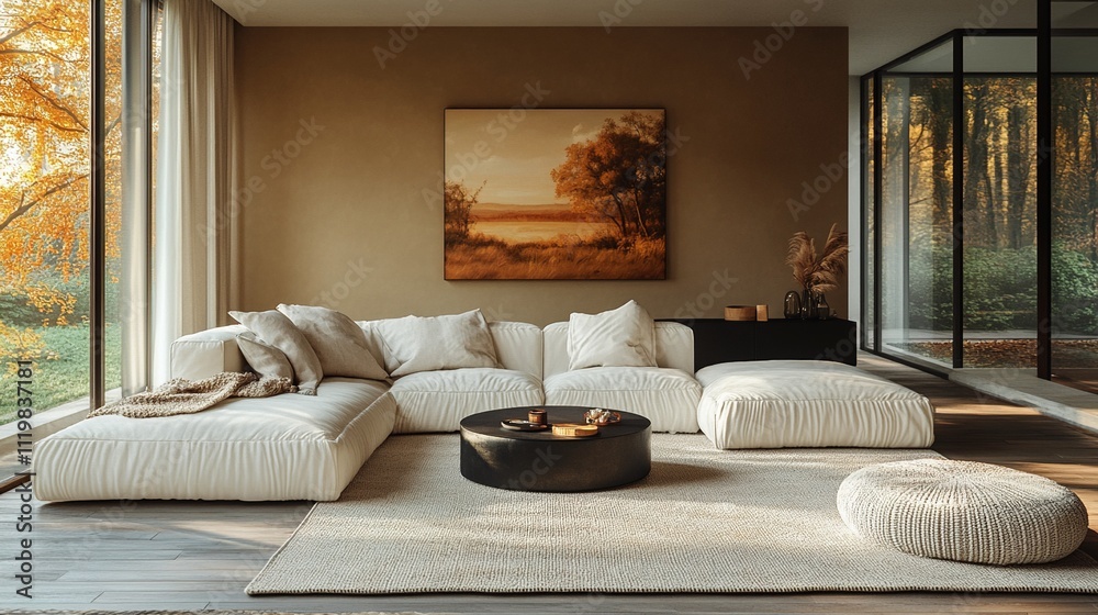 Fototapeta premium Cozy and Modern Living Room with Plush Beige Rug and L-Shaped Sofa