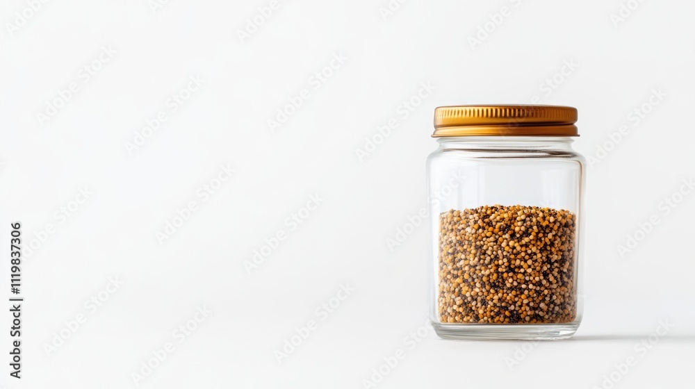 Bee pollen in glass jar with golden lid on white background showcasing natural health benefits and nutritional value of bee products