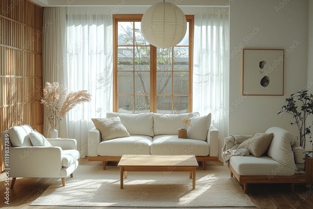 Fototapeta premium Minimalist, modern Scandinavian interior design in the living room with white sofas and wood furniture. Generative AI 