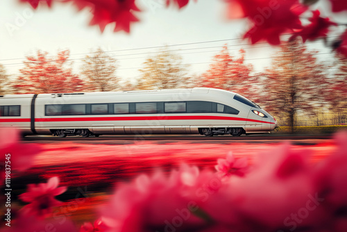 A sleek modern train speeding through with vibrant pink blossom flowers surrounding the scene, symbolizing elegance and progress, with copy space. Soft light. 