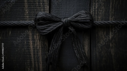 Rustic black string bow on dark wooden background creating an elegant and textured packaging aesthetic for gifts and presents