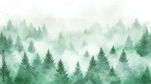Watercolor Rainforest Landscape, Tranquil Misty Forest Scene in Light Green, Blue, White Tones