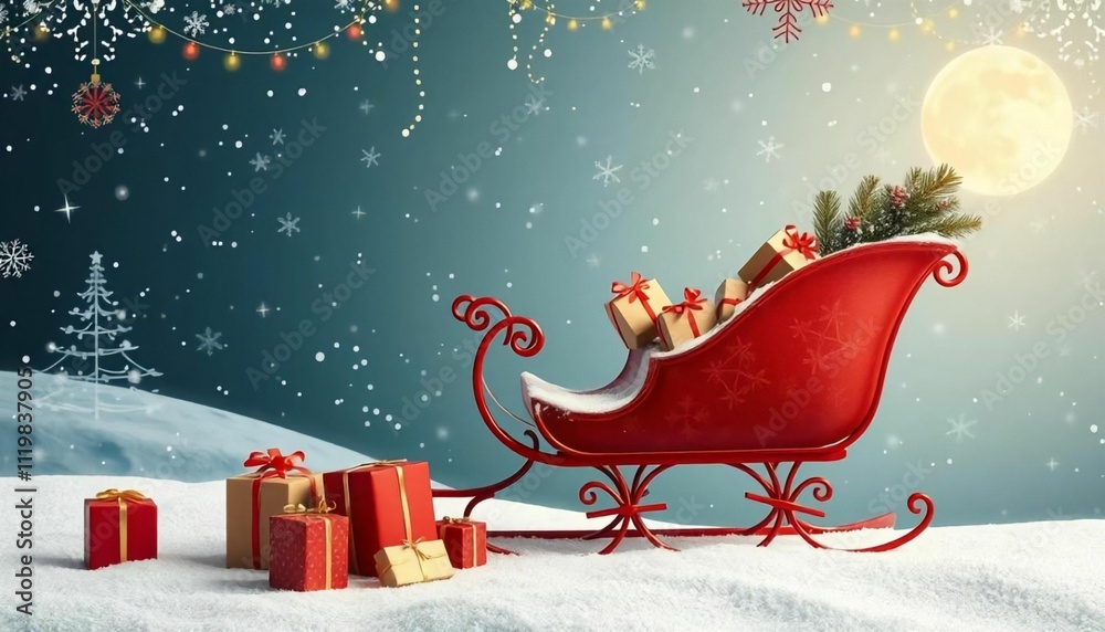 Fototapeta premium Festive banner featuring a red sleigh filled with gifts for Christmas themes