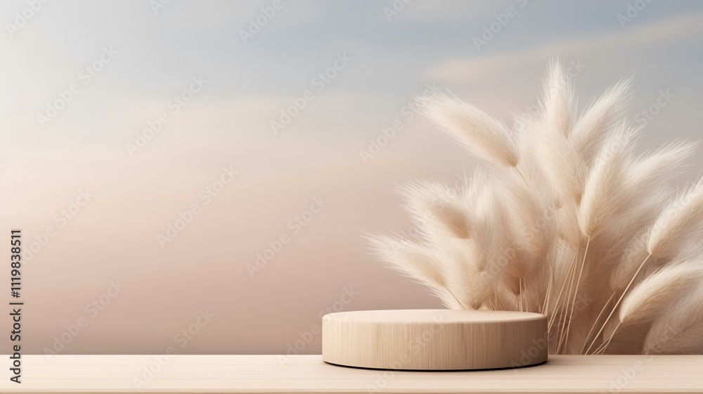 A minimalist display featuring a wooden pedestal and dried white plants against a soft background. A minimalist display featuring a wooden pedestal and dried white plants against a soft background.