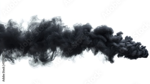 Abstract black smoke billowing over a white background creating a dramatic contrast ideal for artistic or environmental themes photo