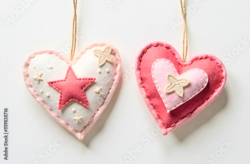 A pair of intricately designed pink fabric hearts with embellishments and hanging cords perfect for DIY projects, party decor, or special occasion gifts. Selective focus. Evokes charm and whimsy