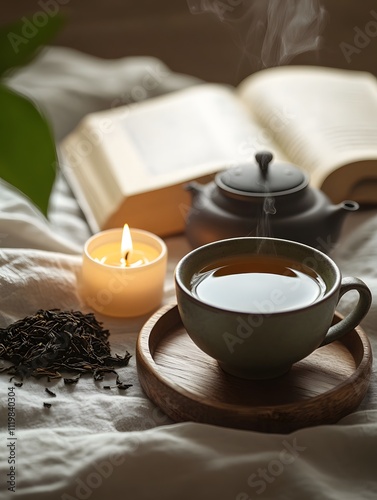 Wallpaper Mural Cozy Tea Time with Book and Candle Torontodigital.ca